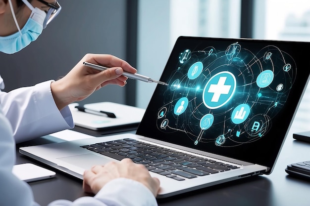 Médico que utiliza el icono Ui médico en la red para la tecnología de trabajo en el futuro