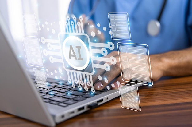 Médico que utiliza tecnología de inteligencia artificial para el concepto de sistema de gestión de documentos