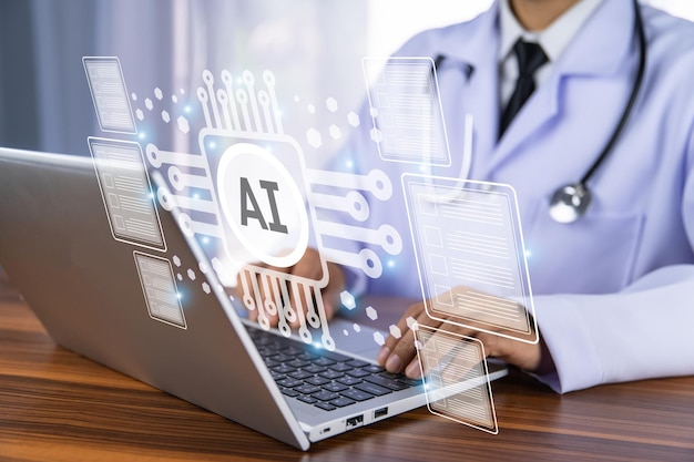 Médico que utiliza tecnología de inteligencia artificial para el concepto de sistema de gestión de documentos