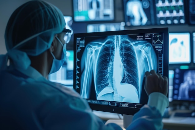 El médico de radiología, el pulmonólogo, examina los pulmones del paciente para el diagnóstico de una generación