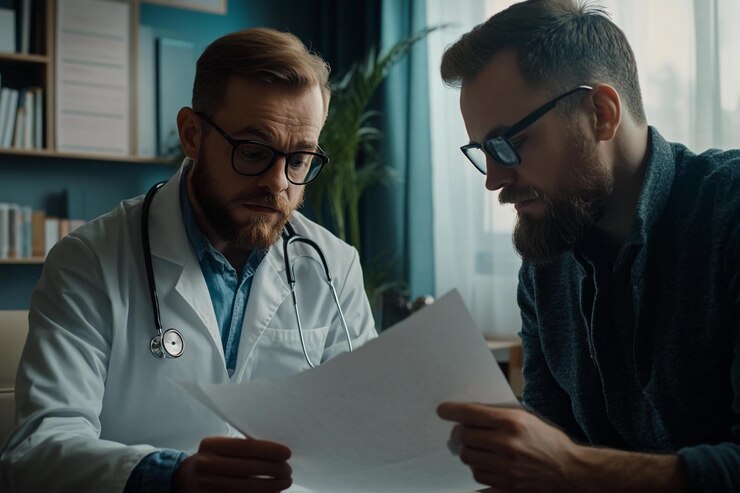 El médico revisa la ficha del paciente con un paciente masculino en un entorno de oficina moderno IA generativa