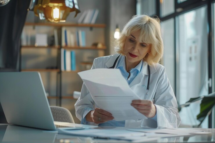 Médico revisando documentos médicos en una computadora portátil en una oficina moderna que ilustra la atención médica y el trabajo profesional