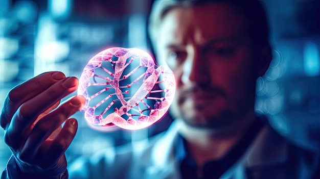 Médico segura estrutura molecular de DNA humano Generative AI