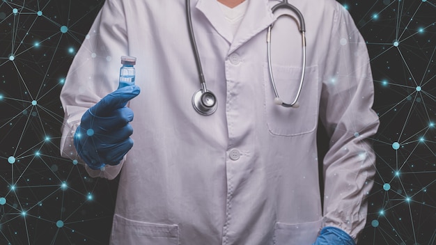 Médico segurando um frasco de ilustração de medicamento de vacina