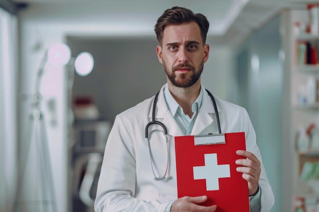 Médico con señal de primeros auxilios en un entorno de atención médica