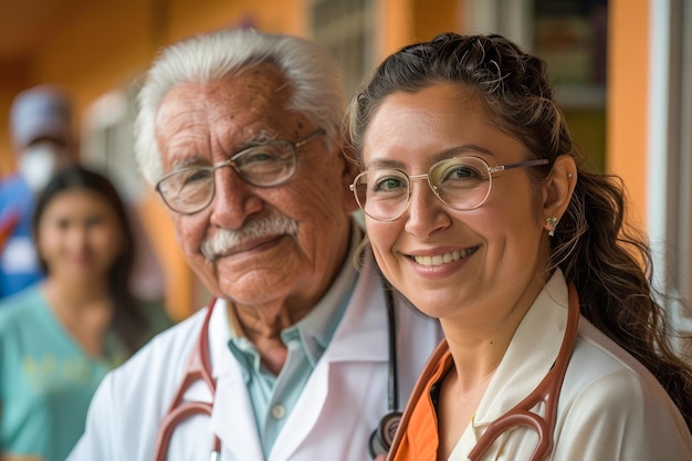 Médico sênior com colega sorrindo no corredor do hospital Médico multigeracional