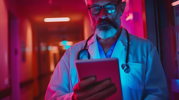 Médico sênior em luz azul verificando tablet digital tecnologia moderna de saúde em ação médico profissional de serviço IA