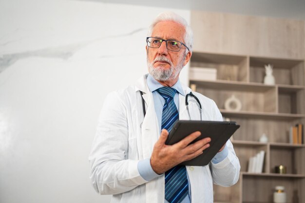 Médico sênior maduro em uniforme médico usando tablet digital em clínica terapeuta profissional