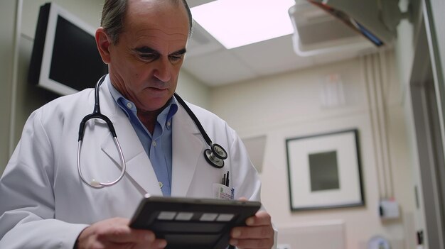 Médico sénior que utiliza una tableta en la sala del hospital Servicio de atención médica y personal médico