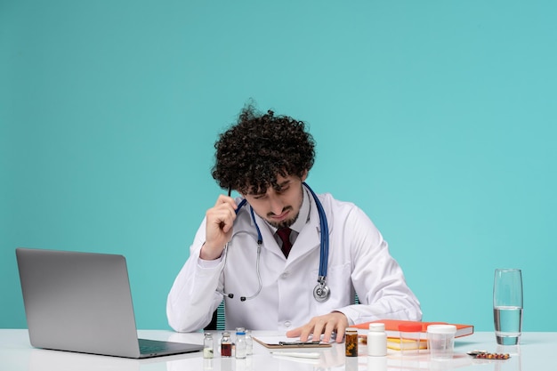 Médico serio lindo guapo doctor trabajando en computadora en bata de laboratorio leyendo prescripción