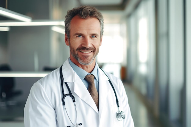 Un médico de sexo masculino con una bata de laboratorio y un estetoscopio con los brazos cruzados de pie en el pasillo del hospital
