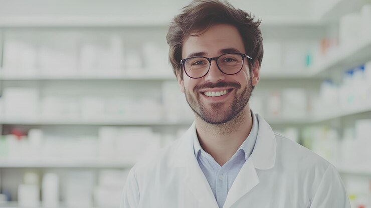 un médico de sexo masculino con gafas y una bata de laboratorio se encuentra en una capa de laboratorio