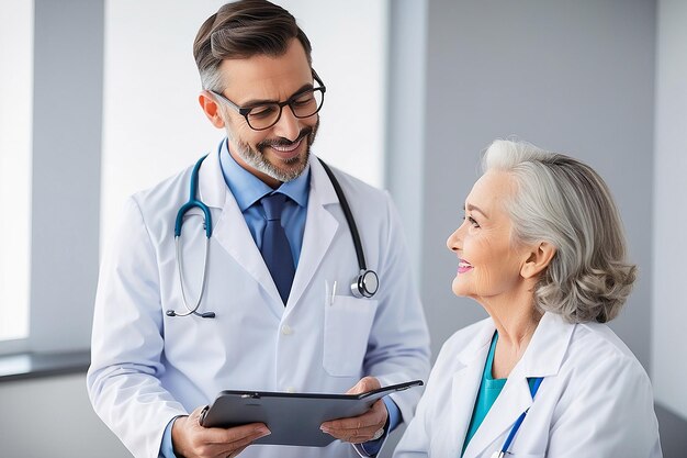 Un médico de sexo masculino sonriente con un portapapeles hablando con una paciente de edad avanzada en el médico