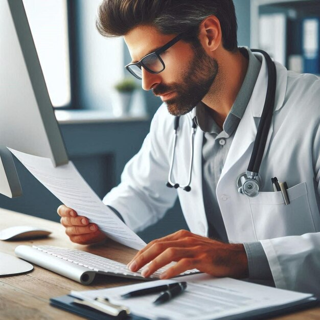 un médico se sienta en un escritorio con una computadora y un monitor