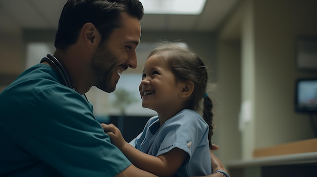 un médico le sonríe a una niña creada con tecnología de IA generativa