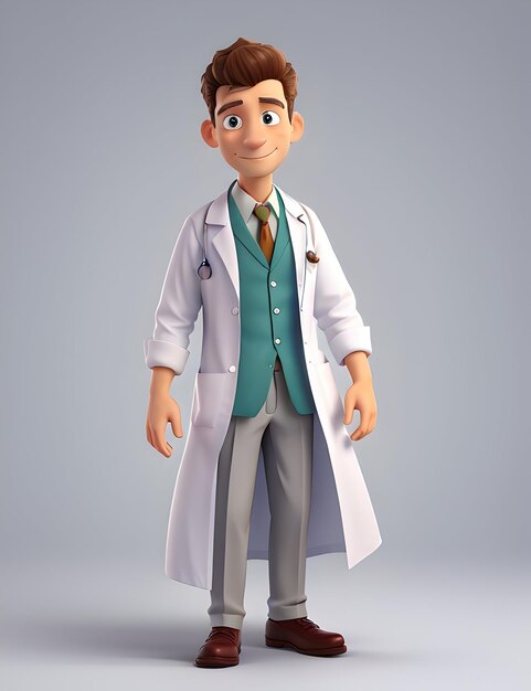 Foto médico sonriente en 3d con una foto de personaje con estetoscopio