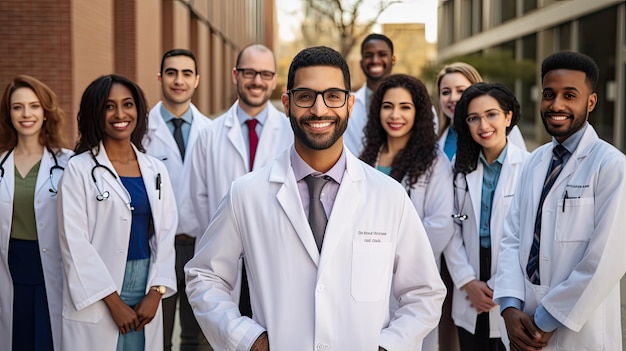 un médico sonriente con un abrigo blanco limpio y gafas de pie tomando una foto con su equipo de médico