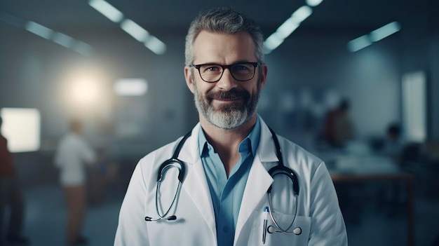 El médico sonriente confiado posando y el hospital con los brazos cruzados y el equipo médico trabajando