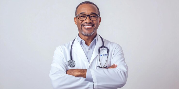 un médico sonriente con un estetoscopio en el pecho