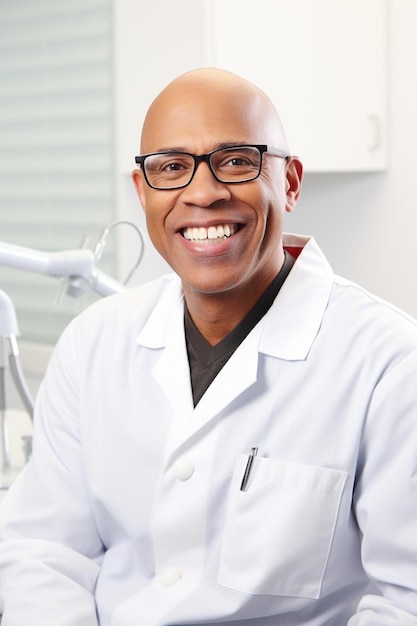 Foto un médico sonriente con gafas y una camisa negra que dice lable