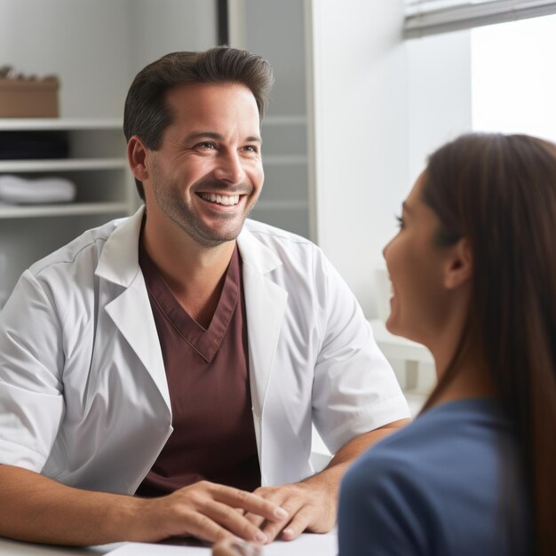 Foto un médico sonriente hablando con una paciente en su oficina.