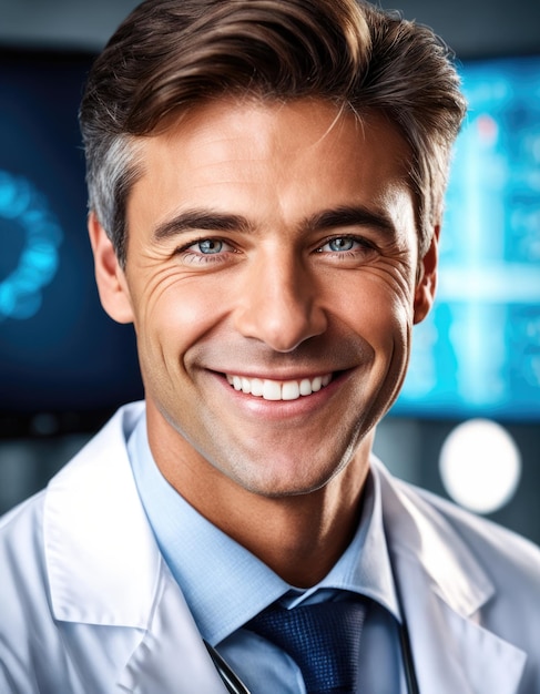 Médico sonriente de mediana edad con túnica blanca de hospital
