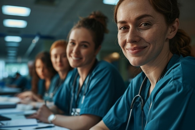 Foto médico sonriente mirando a la cámara mientras sus colegas trabajan