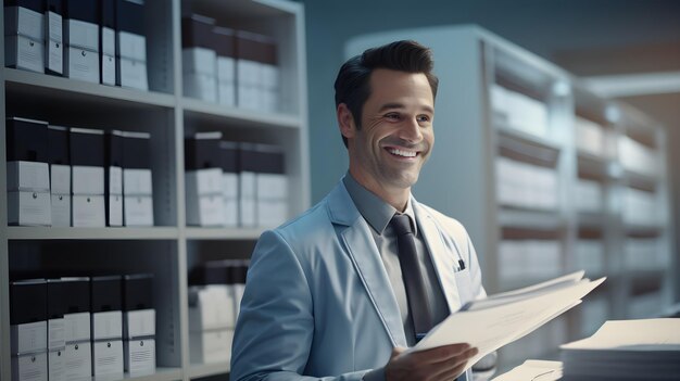 El médico sonriente revisa los registros de los pacientes