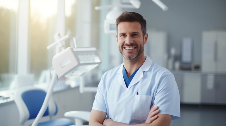Foto un médico con una sonrisa en la cara está de pie frente a un monitor dental dental.