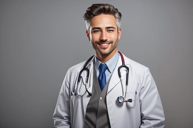 médico sorridente com estretoscópio isolado em cinza