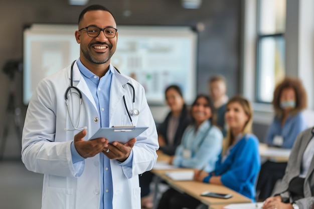 Médico sorridente com tablet digital em treinamento médico