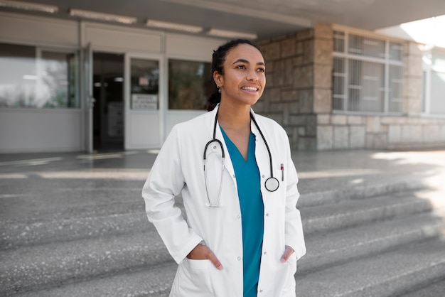 Foto médico sorridente de tiro médio ao ar livre