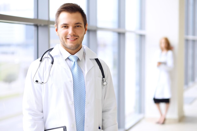 Médico sorridente esperando por sua equipe em pé