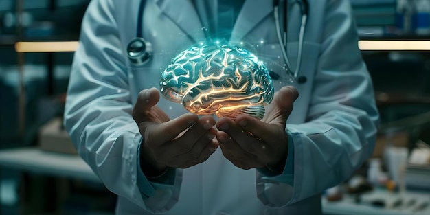 Médico sosteniendo un cerebro humano brillante destaca la importancia del estudio neurológico y la experiencia médica Concepto Medicina Neurología Salud del cerebro Experiencia médica Estudio neurológico