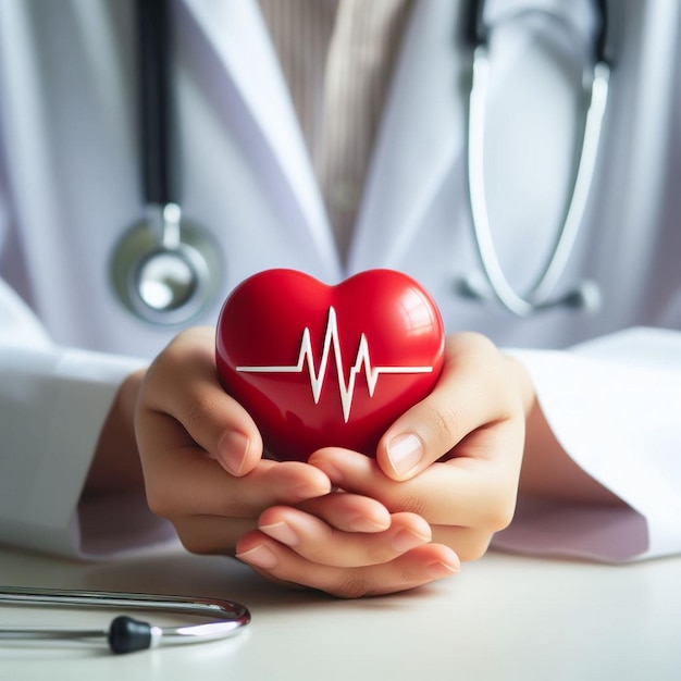 Médico sosteniendo un corazón rojo con línea de ECG que simboliza la salud cardíaca