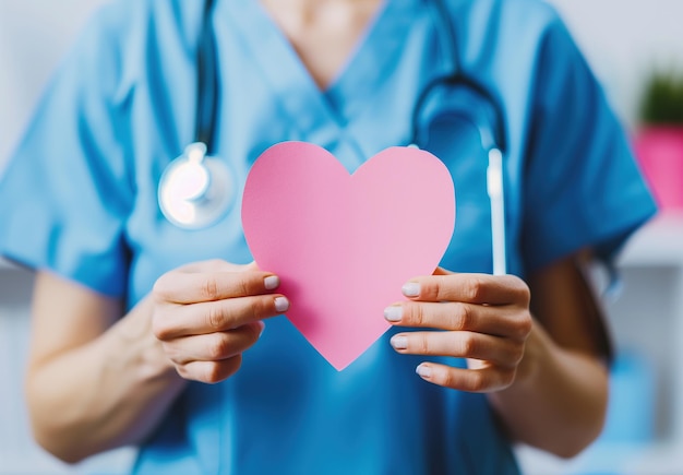 Foto un médico sosteniendo un corazón rosa con sus manos