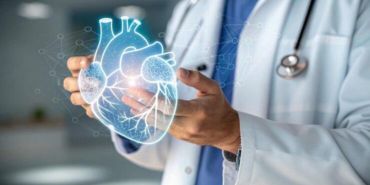 Foto médico sosteniendo un estetoscopio médico con un cerebro y un símbolo médico en el fondo