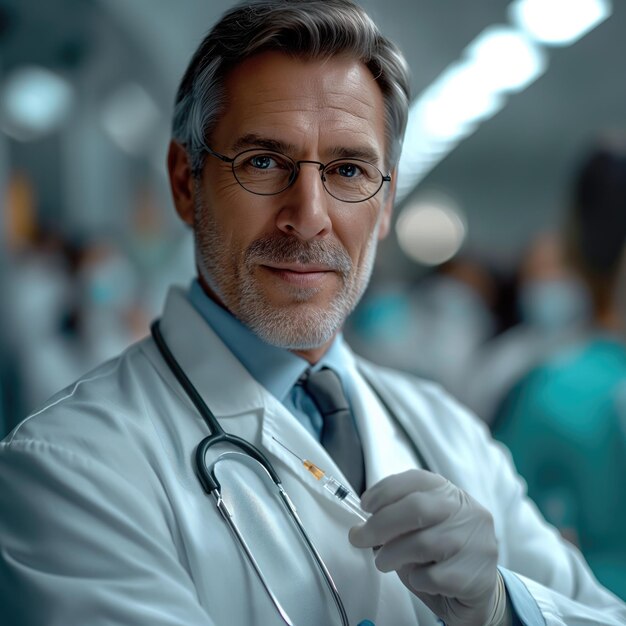 Foto médico sosteniendo una jeringa con la vacuna ai