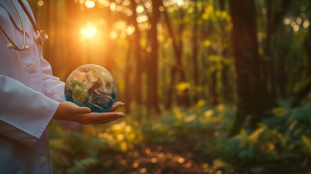 Foto médico sosteniendo el planeta tierra simbolizando el cuidado del medio ambiente