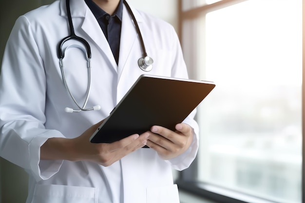 Un médico sosteniendo un portapapeles frente a una ventana