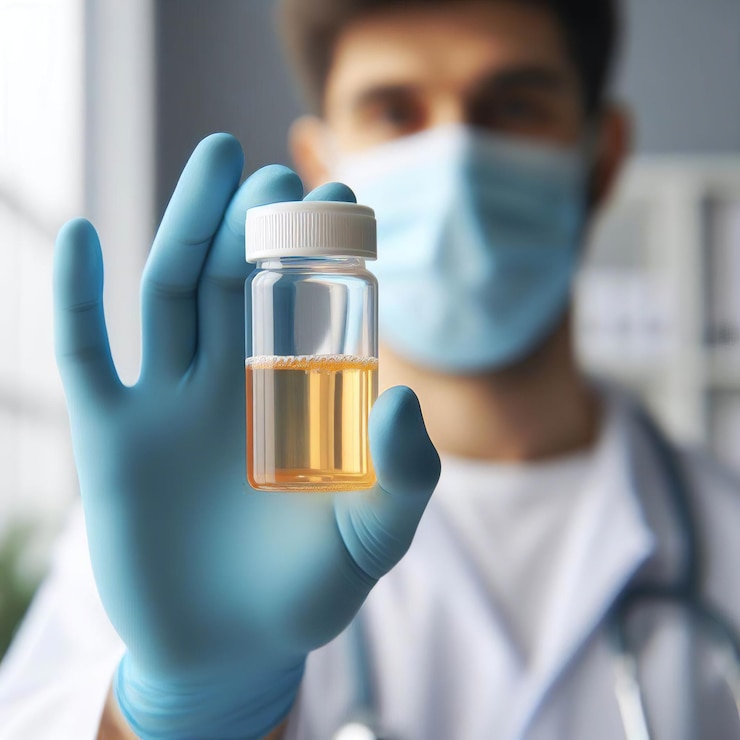 Foto médico sosteniendo una prueba de orina