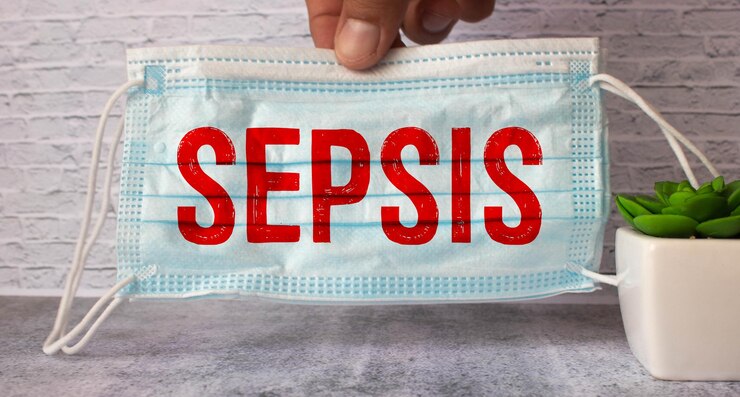 Foto médico sosteniendo una tarjeta con texto concepto médico de sepsis