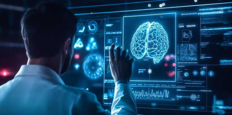 Un médico sostiene un cerebro holográfico de rayos X de IA generativa