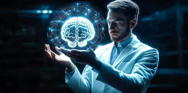 Un médico sostiene un cerebro holográfico de rayos X de IA generativa