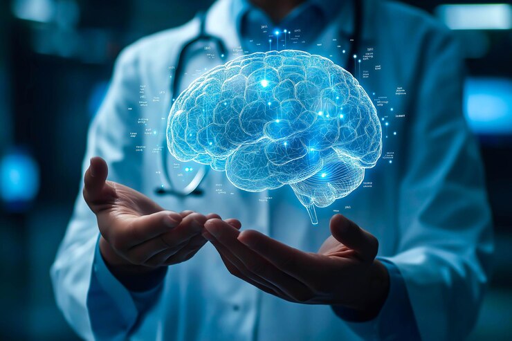 Un médico sostiene un cerebro holográfico de rayos X de IA generativa