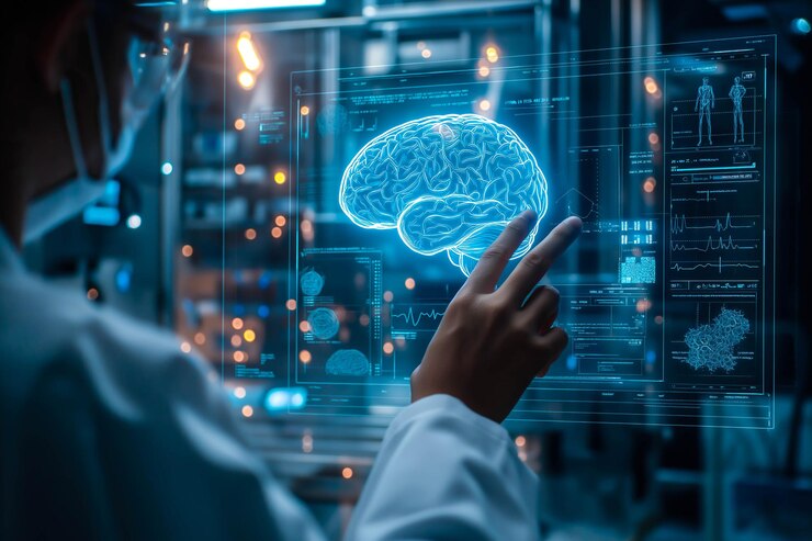 Un médico sostiene un cerebro holográfico de rayos X de IA generativa