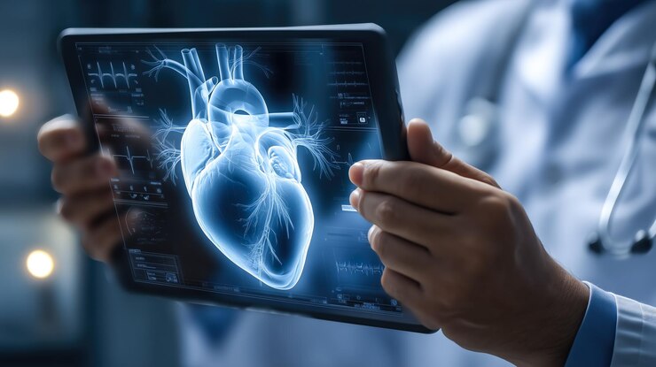 Un médico sostiene un corazón holográfico brillante en sus manos IA generativa