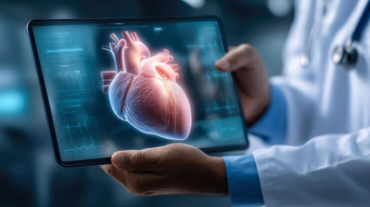 Un médico sostiene un corazón holográfico brillante en sus manos IA generativa