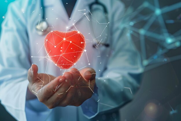 un médico sostiene un corazón con un símbolo de corazón en él