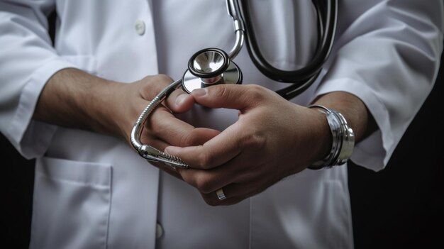 Un médico sostiene un estetoscopio en la mano.